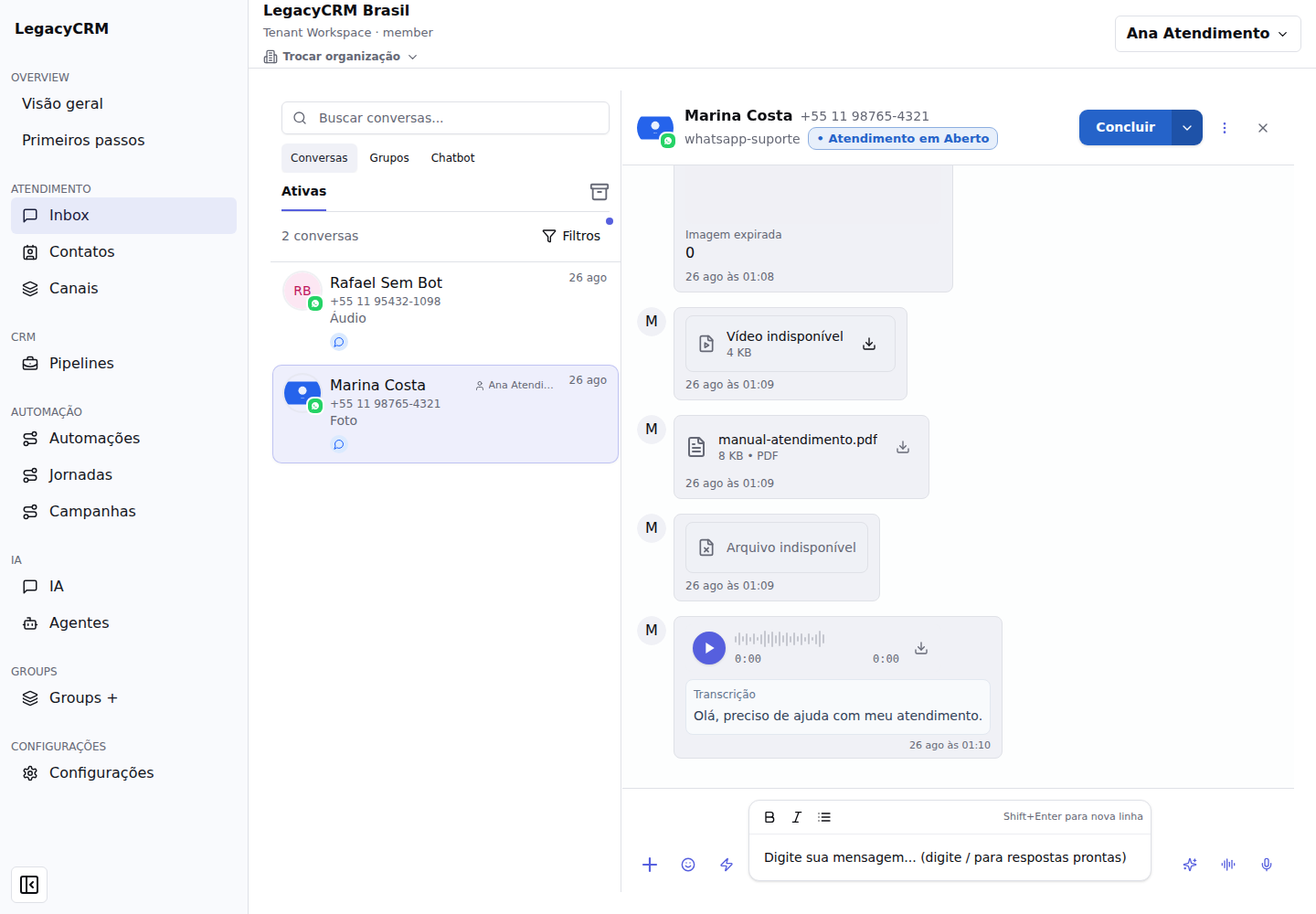 Central de atendimento, contatos, pipelines e automações do LegacyCRM